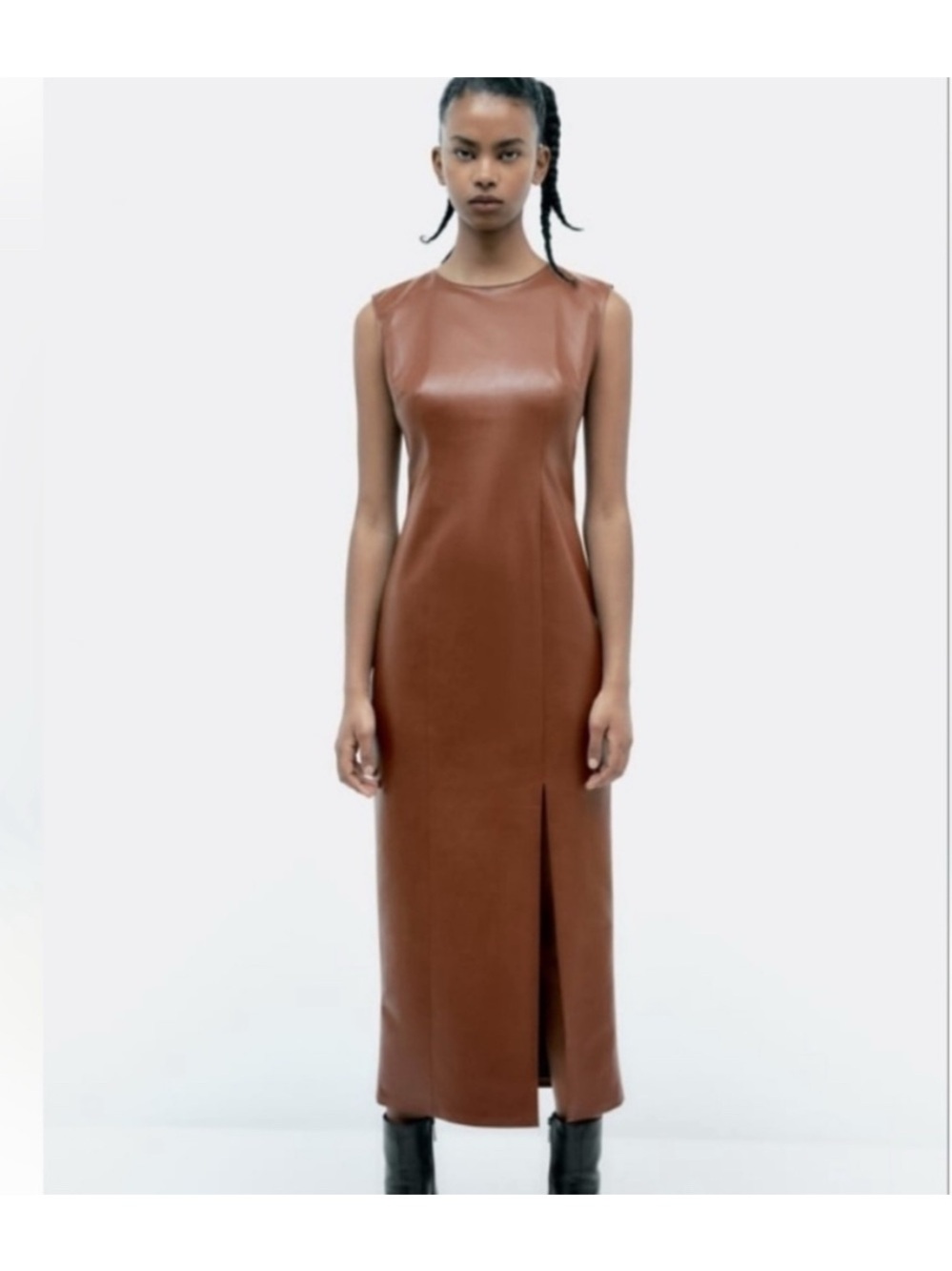 Zara Sleeveless Faux Leather Maxi Dress in Brown